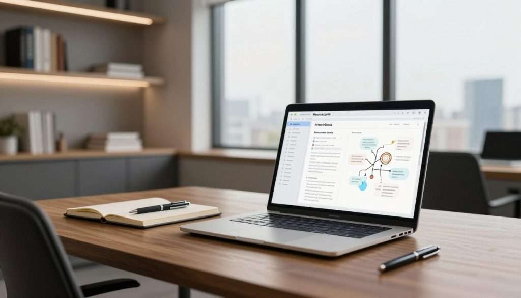 A sleek, modern workspace showcasing a sophisticated personal knowledge management system. In the foreground, a polished wooden desk with an open laptop displaying an organized digital dashboard filled with notes, graphs, and mind maps. Next to the laptop, a stylish notebook and a high-quality pen. In the middle ground, a comfortable ergonomic chair, and shelves lined with neatly arranged books on learning strategies and personal development. The background features a floor-to-ceiling window allowing natural light to flood the room, with a cityscape view suggesting ambition and progress. Soft, warm lighting casts a calm atmosphere, while a subtle depth of field focuses on the desk items. The scene conveys a sense of professionalism and focused learning, ideal for motivated individuals aiming for elite educational strategies.