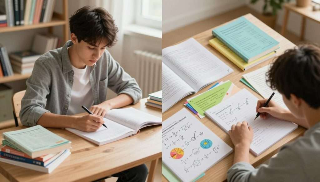 A split-screen image illustrating the contrast between interleaving and traditional study methods. On the left side, a traditional study method featuring a student in a neat, organized desk environment, surrounded by identical textbooks and notes, with a focused expression under soft, warm lighting. On the right side, an interleaving study method depiction with the same student engaging with various subjects: math equations, history notes, and scientific diagrams, with a colorful, dynamic arrangement of materials. The background features a calming study space with natural light streaming through a window. The angle is slightly overhead, creating a clear distinction between the two methods and their effects on retention, with a balanced and engaging atmosphere.