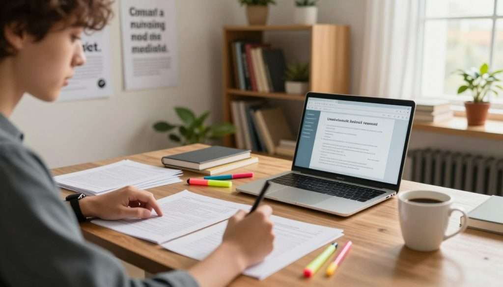 A student in a cozy, well-lit study room is focused on taking a practice exam spread out on a large wooden desk, filled with papers and a laptop displaying a study app. In the foreground, a close-up of the student's hands as they write notes, surrounded by colorful highlighters and a cup of coffee. In the middle ground, educational posters on the wall depict motivational quotes about learning and testing success. The background features a bookshelf filled with academic books, plants bringing a touch of nature, and a window letting in warm sunlight, creating an inviting atmosphere. The mood is one of determination and focus, symbolizing the journey of preparation for upcoming exams. Use soft, natural lighting for a calm yet energetic feel, captured from a slightly elevated angle to encompass the entire scene.