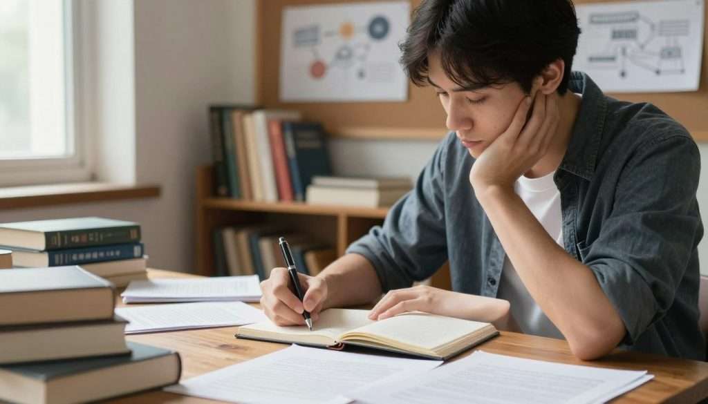 A thoughtful individual seated at a wooden desk, immersed in writing an argumentative essay, surrounded by books and academic papers scattered about. The foreground features a close-up view of their focused expression and hands poised over a notebook, with a pen in motion. In the middle ground, shelves filled with books on philosophy and critical thinking create an intellectual atmosphere. Soft, natural light streams through a nearby window, casting gentle shadows that enhance the serene ambiance. In the background, a bulletin board is adorned with notes and diagrams illustrating complex ideas. The overall mood exudes inspiration, contemplation, and the pursuit of knowledge, reflecting the essence of developing critical thinking through writing. A thoughtful individual seated at a wooden desk, immersed in writing an argumentative essay, surrounded by books and academic papers scattered about. The foreground features a close-up view of their focused expression and hands poised over a notebook, with a pen in motion. In the middle ground, shelves filled with books on philosophy and critical thinking create an intellectual atmosphere. Soft, natural light streams through a nearby window, casting gentle shadows that enhance the serene ambiance. In the background, a bulletin board is adorned with notes and diagrams illustrating complex ideas. The overall mood exudes inspiration, contemplation, and the pursuit of knowledge, reflecting the essence of developing critical thinking through writing.