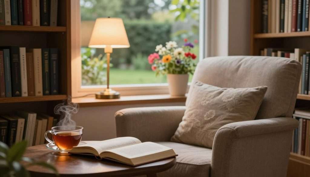 A tranquil reading nook with a cozy armchair, surrounded by shelves filled with a diverse selection of books. In the foreground, a partially open book rests invitingly on a wooden side table, with a steaming cup of tea beside it, conveying comfort and warmth. The middle ground features the soft glow of a warm desk lamp casting a gentle light, enhancing the serene atmosphere. In the background, a large window offers a glimpse of a peaceful garden, filled with lush greenery and vibrant flowers, symbolizing growth and potential. The overall mood is calm and inviting, encouraging the viewer to embrace reading without fear of unfinished books. The lighting is soft and warm, creating a safe, welcoming space that promotes the joy of reading.