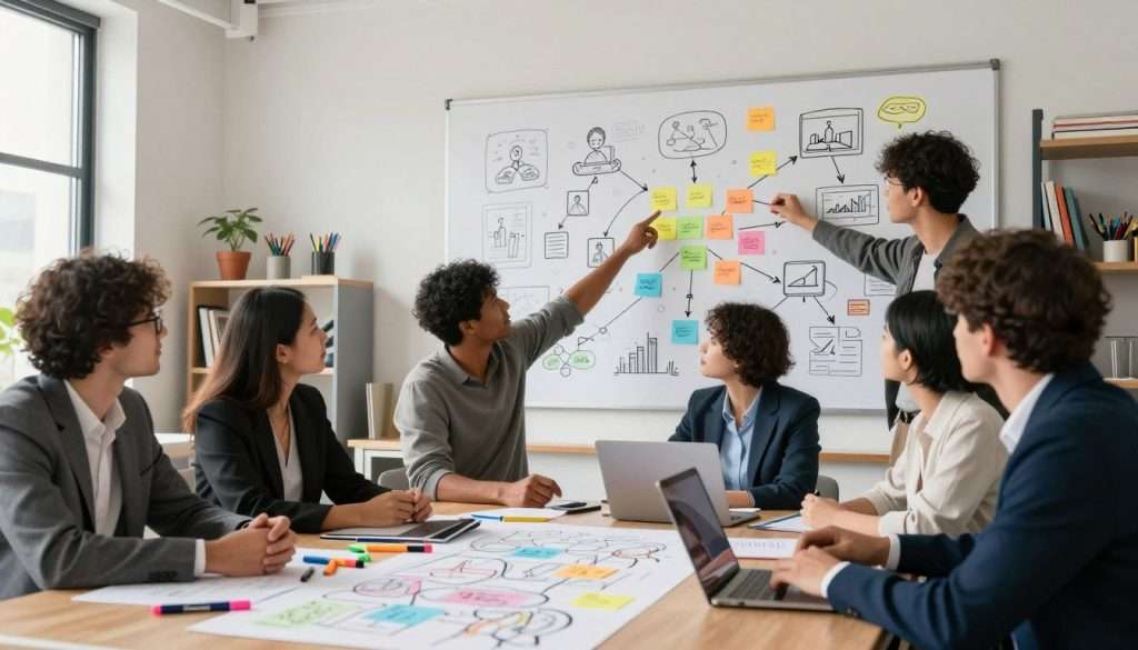 A vibrant and dynamic graphic facilitation scene in a modern office setting. In the foreground, a diverse group of professionals in smart business attire collaborate around a large table filled with colorful markers and large sheets of paper. One person is illustrating ideas on a sticky note while another suggests concepts by pointing toward a visual map with interconnected ideas. The middle section features a large wall covered in hand-drawn illustrations and diagrams depicting brainstorming techniques and flowcharts, with light streaming in from a window, creating an inviting atmosphere. The background includes shelves with creativity tools like books and art supplies. The overall mood is energetic and collaborative, highlighting the power of visual thinking in everyday tasks. Natural lighting and an engaging angle enhance the scene’s creativity.