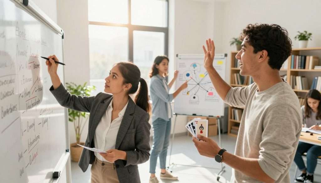 A vibrant and dynamic scene showcasing a diverse group of three students actively engaging in recall techniques at a modern study space. In the foreground, a female student in professional business attire energetically writes notes on a whiteboard, while a male student in modest casual clothing gestures enthusiastically with flashcards in hand. In the middle background, another student curates a mind map on a large piece of paper, emphasizing collaboration. The room is bright and well-lit, with warm sunlight filtering through large windows, creating an inviting atmosphere. Shelves filled with books and plants line the walls, contributing to a scholarly environment. The camera angle captures the energy of the session, focusing on the students with a shallow depth of field, resulting in a lively and inspiring mood, ideal for illustrating active recall techniques.