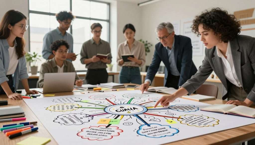 A vibrant and dynamic workspace brimming with advanced creativity techniques and mind mapping concepts. In the foreground, a large, intricate mind map spreads across a table, featuring colorful branches representing various ideas and concepts, interconnected with lines. Scattered tools like colorful markers, sticky notes, and open sketchbooks enhance the scene. In the middle, a diverse group of professionals dressed in smart business attire are engaged in a brainstorming session, animatedly discussing and pointing at the mind map. In the background, large windows let in soft, natural light, illuminating the room and creating an inspiring atmosphere. The walls are adorned with inspirational quotes and artwork. The overall mood is energetic and collaborative, fostering innovation and creative breakthroughs.