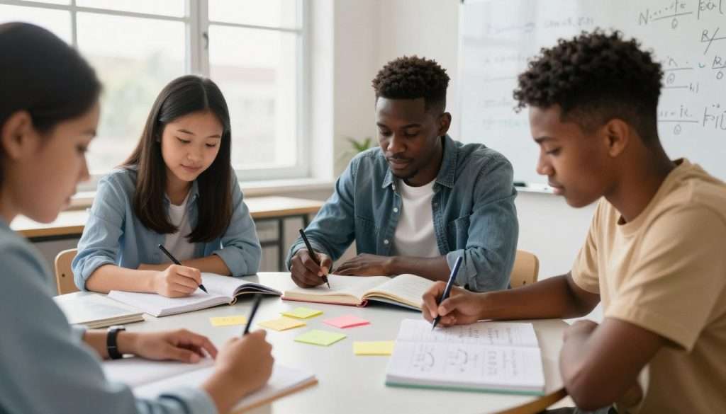 A vibrant classroom scene focused on math learning strategies, featuring a diverse group of three students—two of them, a young Asian woman and a Black man, actively engaging in a study session at a round table filled with math books, colorful sticky notes, and a whiteboard covered in formulas. In the foreground, a close-up on their hands writing notes and solving problems collaboratively. In the middle, the students’ focused expressions illustrate the concept of active recall as they discuss mathematical concepts. In the background, a large, bright window lets in natural light, creating a warm and inviting atmosphere. Use soft lighting that highlights their concentration, with an emphasis on clarity and engagement in the learning process. Capture a sense of motivation and teamwork in this educational environment.