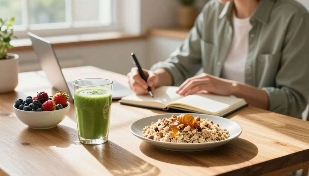 A vibrant kitchen scene bathed in morning sunlight, showcasing a wooden table adorned with a balanced breakfast spread. In the foreground, a glass of green smoothie next to a bowl of mixed berries and a plate of oatmeal topped with nuts and honey. The middle ground features a person in professional casual attire, sitting at the table, focused on a notebook filled with notes, embodying concentration and productivity. The background reveals a window with soft, natural light filtering through, casting gentle shadows. The atmosphere is serene and invigorating, promoting a sense of motivation and healthy living, evoking the ideal morning setting for sustained focus and mental clarity. The composition is warm and inviting, highlighting the importance of nutrition for optimal performance.