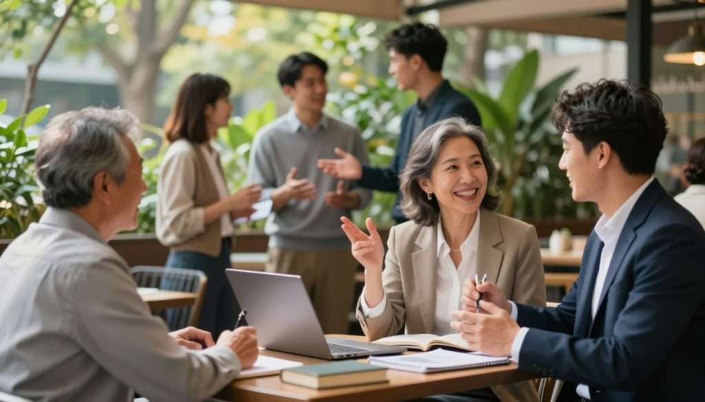 A vibrant outdoor café scene showcasing a diverse group of professionals engaging in animated conversation to enhance brainpower. In the foreground, a middle-aged woman in smart casual attire enthusiastically discusses ideas with a young man in business attire, both smiling. On a nearby table, an older gentleman jots down notes, surrounded by books and a laptop, illustrating collaboration and knowledge exchange. In the middle ground, a small group of people, including a woman in a blazer and a man in a sweater, exchange ideas while gesturing expressively. The background features lush greenery and soft sunlight filtering through trees, creating a warm, inviting atmosphere. The image captures the essence of social interaction as a powerful tool for cognitive growth, with a slightly blurred depth of field that focuses on the engaged conversation, enhancing the sense of connection and collaboration.