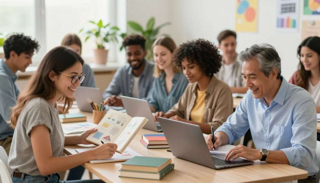 A vibrant scene depicting a diverse group of individuals engaged in enthusiastic learning activities. In the foreground, a young woman with glasses, dressed in modest casual clothing, is smiling as she reads a book filled with colorful diagrams. Beside her, a middle-aged man in a professional shirt is taking notes on a laptop, looking inspired. In the middle, a diverse mix of learners of various ages collaborate at a table scattered with books, art supplies, and laptops, radiating a sense of community and engagement. In the background, a bright, airy classroom filled with plants and motivational posters creates an inviting atmosphere. Soft, warm lighting highlights their expressions, emphasizing joy and the thrill of learning. The overall mood is uplifting and encouraging, reflecting a magical rediscovery of passion for education.