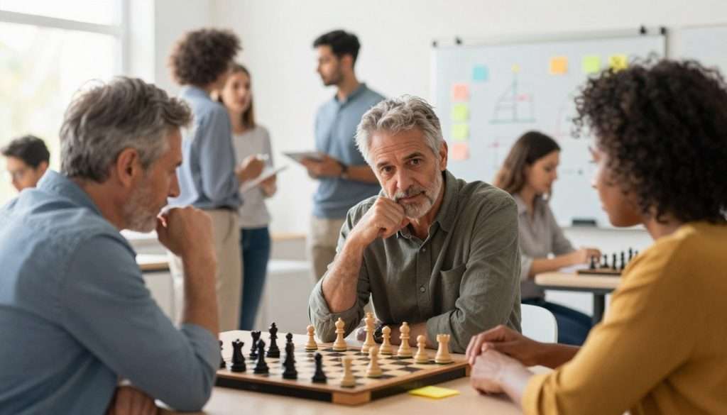 A vibrant scene depicting a diverse group of individuals engaged in social activities that enhance cognitive function. In the foreground, two middle-aged professionals, a man and a woman, are animatedly discussing ideas over a chessboard, showcasing strategic thinking. The middle ground features a collaborative workspace with a whiteboard filled with diagrams and sticky notes for brainstorming, hinting at teamwork and creativity. In the background, bright windows allow natural light to flood in, creating an inviting atmosphere. Soft bokeh effects emphasize warmth and positivity, while the overall color palette includes earthy tones mixed with splashes of vibrant hues. The mood conveys stimulation, collaboration, and encouragement, ideal for cognitive longevity through social engagement.