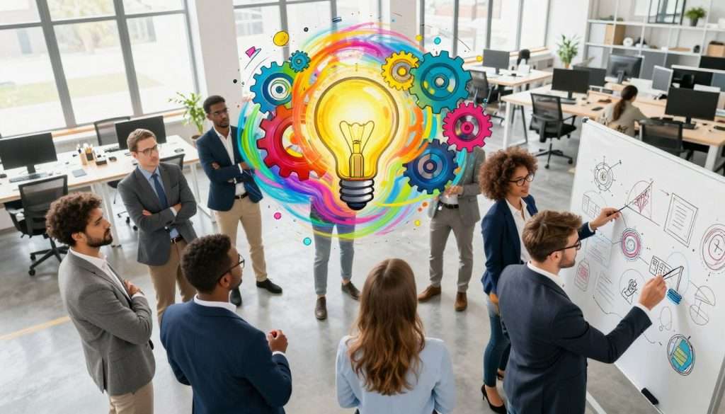 A vibrant scene depicting the essence of creativity and cognitive abilities. In the foreground, a diverse group of professionals, dressed in smart business attire, are collaboratively brainstorming, sketching ideas on a whiteboard filled with colorful diagrams and doodles. In the middle ground, a bright, abstract swirl of colors, representing creativity, blends with interconnected gears and light bulbs, symbolizing problem-solving skills and innovation. The background features a spacious, modern workspace with large windows letting in natural light, creating an inspiring and uplifting atmosphere. The overall mood is dynamic and energetic, capturing the essence of collaborative thinking and the empowerment of visual tools in effective studying. The angle is slightly elevated to provide a comprehensive view of the scene, emphasizing the collaborative spirit and creativity flowing through the room.