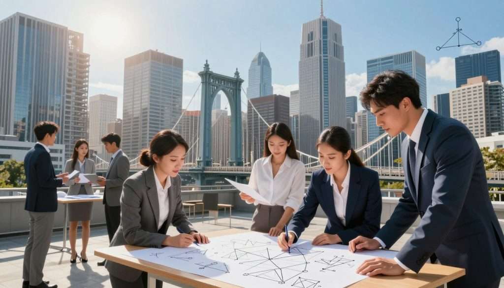 A vibrant urban landscape showcasing real-world applications of math, featuring a diverse group of people in professional business attire engaged in various activities. In the foreground, an architect sketches geometric designs on a drafting table, while in the middle, an engineer analyzes a complex bridge structure. Behind them, a bustling city skyline displays buildings with mathematical patterns and shapes, symbolizing the integration of math in architecture. The background features a clear blue sky with soft sunlight streaming through, casting dynamic shadows that highlight the mathematical precision in the construction. The overall mood is one of inspiration and innovation, emphasizing the beauty and utility of mathematics in everyday life. The scene is shot with a wide-angle lens to capture the interaction and scale, creating a sense of connection between theory and practical use. A vibrant urban landscape showcasing real-world applications of math, featuring a diverse group of people in professional business attire engaged in various activities. In the foreground, an architect sketches geometric designs on a drafting table, while in the middle, an engineer analyzes a complex bridge structure. Behind them, a bustling city skyline displays buildings with mathematical patterns and shapes, symbolizing the integration of math in architecture. The background features a clear blue sky with soft sunlight streaming through, casting dynamic shadows that highlight the mathematical precision in the construction. The overall mood is one of inspiration and innovation, emphasizing the beauty and utility of mathematics in everyday life. The scene is shot with a wide-angle lens to capture the interaction and scale, creating a sense of connection between theory and practical use.