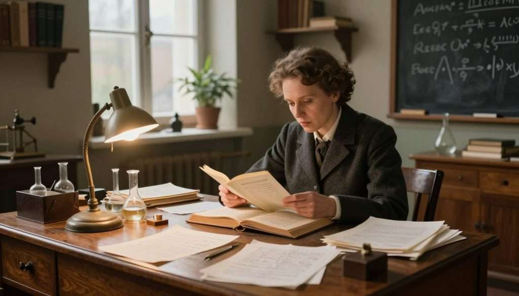 A vintage study scene inspired by Marie Curie's research habits, featuring a well-organized wooden desk cluttered with scientific texts, glass beakers, and handwritten notes. Foreground: a vintage wooden desk with papers scattered about, an open chemistry book, and a glowing lamp casting a warm light. Middle: a thoughtful female scientist in professional attire, absorbed in reading, with a focused expression, surrounded by shelves adorned with books and scientific instruments. Background: a warm, cozy room with a large window letting in soft natural light, plants in the corners, and a chalkboard filled with equations. The atmosphere is one of concentration and inspiration, reminiscent of early 20th-century academia, capturing the essence of diligent study leading to groundbreaking discoveries.