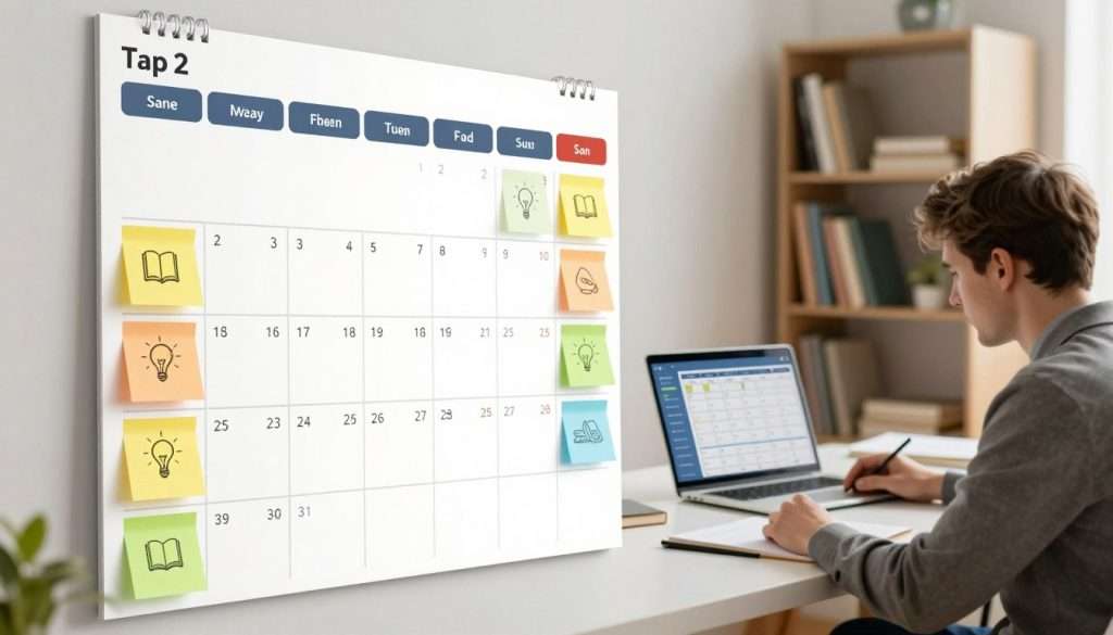 A visually engaging illustration of a spaced repetition schedule, designed as a clean and organized wall calendar highlighting various study sessions and intervals over the course of a month. In the foreground, feature neatly arranged sticky notes in vibrant colors, each representing different subjects with icons symbolizing knowledge (like books or lightbulbs). In the middle ground, display a sleek desk setup with an open laptop showing a digital version of the schedule, while a focused person in professional attire studies intently. In the background, incorporate a soft-focus bookshelf filled with educational resources, bathed in warm, inviting lighting to create a motivational atmosphere. Use a slightly elevated angle to showcase the entire setup, emphasizing clarity and structure in the organization of time and tasks.