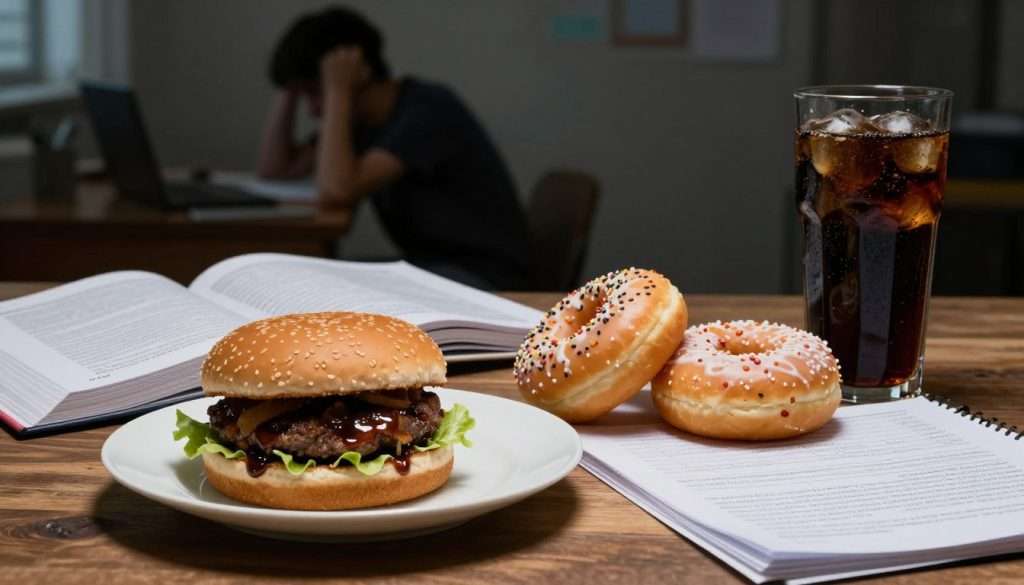 A visually striking composition focused on three foods to avoid for peak study performance. In the foreground, a cluttered wooden desk showcases an unappetizing plate with a greasy burger, sugary donuts, and a large soda, all bathed in harsh overhead light that emphasizes their unhealthy qualities. In the middle ground, an open textbook and unused study materials reflect the distraction these foods can cause. The background features a dimly lit room, with a faint silhouette of a student sitting at a desk, appearing frustrated and overwhelmed. Soft shadows create a contemplative atmosphere, suggesting the negative impact of poor dietary choices on focus and productivity. The scene captures a sense of urgency and realization, urging viewers to reconsider their food choices.
