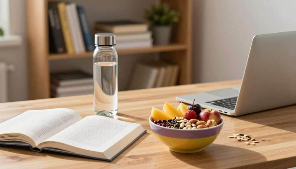 A well-arranged study space featuring a wooden desk adorned with an open textbook and a laptop, with a glass water bottle and a colorful bowl of mixed fruits, nuts, and seeds prominently placed in the foreground. In the middle, a soft light illuminates the scene, casting gentle shadows and highlighting the textures of the desk and food items. The background features a cozy bookshelf filled with neatly organized study materials and plants, creating a serene atmosphere. The overall mood is focused and inviting, emphasizing the importance of nutrition and hydration for optimal brain power. Use soft, natural lighting to enhance warmth and clarity, capturing the essence of a productive study environment. Frame the image with a slightly angled perspective to draw attention to the foreground elements.