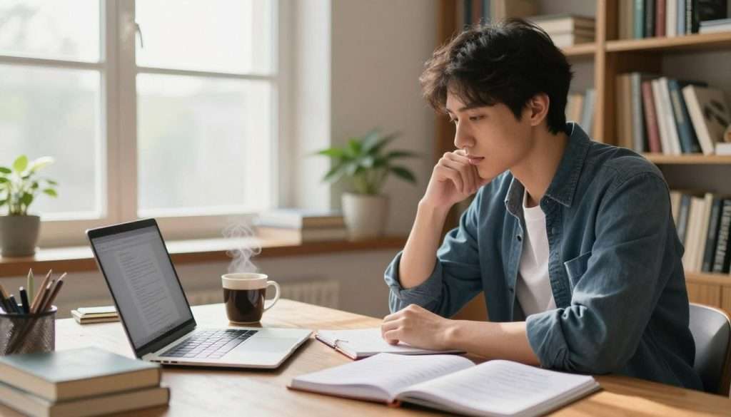 A well-dressed young adult seated at a wooden desk in a cozy, well-lit study, surrounded by books and notebooks filled with notes. The foreground features an open laptop displaying a blank document, with a steaming coffee mug nearby. In the middle, a large window allows soft morning sunlight to illuminate the workspace, creating an inviting atmosphere. Shelves filled with books on writing and literature form the background, with a potted plant adding a touch of greenery. The overall mood is focused and contemplative, suggesting a productive learning environment where writing skills are being developed. The scene captures a moment of inspiration and study, emphasizing dedication to mastering writing.
