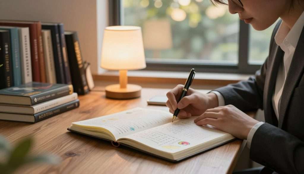 A well-organized bullet journal open on a wooden desk, showcasing neatly arranged bullet points, colorful doodles, and inspirational quotes. In the foreground, a person, dressed in professional business attire, is thoughtfully writing with a fountain pen, their focused expression reflecting deep concentration. The middle layer features a cozy lamp casting warm, soft light, illuminating the pages of the journal. Behind them, a shelf filled with books on writing and personal development adds depth, while a large window reveals a serene outdoor scene with gentle sunlight filtering through the leaves. The overall atmosphere is calm and conducive to productivity, inviting viewers to engage in the art of structuring their thoughts through writing. A well-organized bullet journal open on a wooden desk, showcasing neatly arranged bullet points, colorful doodles, and inspirational quotes. In the foreground, a person, dressed in professional business attire, is thoughtfully writing with a fountain pen, their focused expression reflecting deep concentration. The middle layer features a cozy lamp casting warm, soft light, illuminating the pages of the journal. Behind them, a shelf filled with books on writing and personal development adds depth, while a large window reveals a serene outdoor scene with gentle sunlight filtering through the leaves. The overall atmosphere is calm and conducive to productivity, inviting viewers to engage in the art of structuring their thoughts through writing.