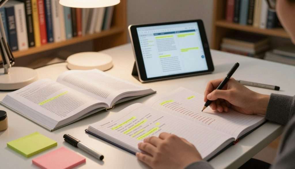 A well-organized study desk featuring a Cornell note-taking layout spread across a neat notebook, with colorful sticky notes and highlighters emphasizing key concepts. In the foreground, a pair of professional hands, dressed in business attire, are actively writing on the notes. In the middle, there's an open textbook with highlighted passages and a digital tablet showing an organized study app. The background presents a cozy study environment with a bookshelf filled with academic texts, a soft desk lamp casting warm lighting over the scene. The overall mood is focused, encouraging productivity and clarity, with soft shadows adding depth and a sense of tranquility.