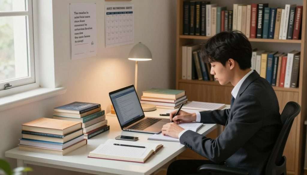 A well-organized study environment featuring a high achiever's desk. In the foreground, a focused individual in professional attire sits at a sleek, modern desk cluttered with books, notebooks, and a laptop, strategically arranged to showcase productivity tools. The middle ground includes an educational wall adorned with inspirational quotes, a calendar, and study guides. In the background, a bookshelf filled with a variety of academic texts adds depth. Soft, natural lighting filters through a nearby window, casting a warm glow that creates an inviting atmosphere. The image captures the essence of determination and intelligence, focusing on a serene yet dynamic study setting that reflects effective habits of high achievers. The angle is slightly elevated, providing a comprehensive view of the workspace.