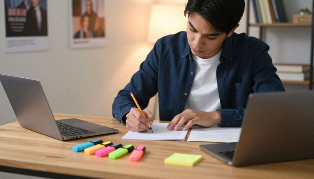 A well-organized study environment, showcasing an individual seated at a wooden desk, deeply focused on taking a test. The foreground features a neatly arranged array of stationary: colorful highlighters, sticky notes, and a closed laptop, symbolizing preparation. In the middle, the person, dressed in smart casual attire, has a determined expression, jotting down answers on a paper with a pencil. The background displays a softly lit room with motivational posters on the walls, and a shelf filled with books, enhancing the atmosphere of a dedicated study space. Use warm lighting to create an inviting mood, with a slight depth of field effect to draw attention to the individual’s concentration. Capture from a slightly elevated angle to emphasize the desk setup and focus on the act of test-taking.