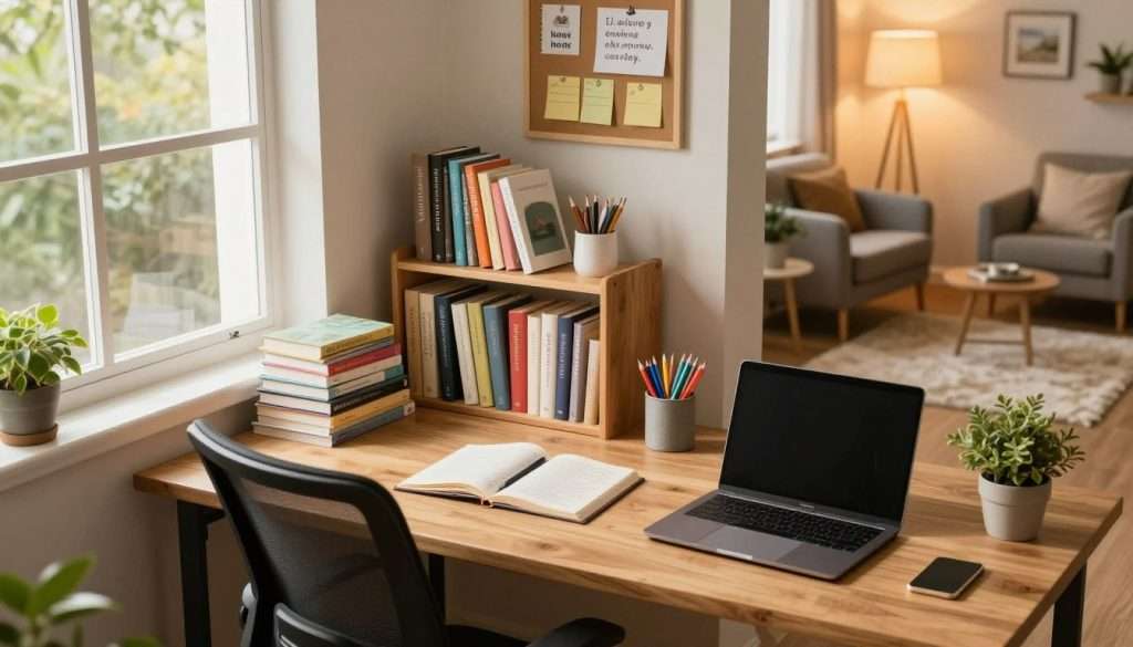 A well-organized study room featuring a modern desk with neatly stacked books, colorful stationery, and a laptop. In the foreground, a wooden desk with an ergonomic chair faces a large window, letting in warm, natural light that highlights a small potted plant. In the middle, a stylish bookshelf holds categorized books, a bulletin board with notes, and inspiring quotes. The background shows a cozy reading nook with armchairs, a soft rug, and ambient lighting, providing a tranquil atmosphere. The scene conveys productivity and calmness, inviting focus and creativity, captured with a slightly elevated angle to showcase the space's depth and organization. The overall ambiance is serene and inspiring, encouraging effective studying.