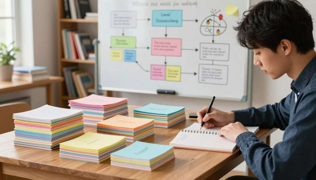 A well-organized study workspace featuring a wooden desk with neat stacks of colorful, categorized notes, each labeled clearly to represent the chunking method. In the foreground, a focused student, dressed in smart casual attire, is actively writing in a notebook. The middle ground showcases a whiteboard filled with visually appealing diagrams and illustrations that break down complex information into smaller chunks. The background hints at bookshelves filled with textbooks and study materials, softly blurred to emphasize the main focus. Natural light pours in from a nearby window, creating a warm and inviting atmosphere, enhancing the sense of concentration and productivity while encouraging effective learning techniques.