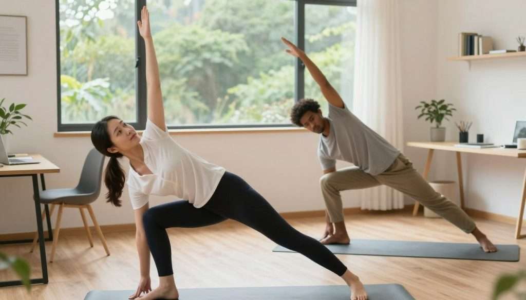 A bright and airy home office setting, featuring a diverse group of three people engaged in various physical activities that enhance brainpower. In the foreground, a woman in professional attire practices yoga, demonstrating balance and focus. To her right, a man in modest casual clothing performs light stretches with a yoga mat. In the background, a window reveals a serene nature scene filled with greenery, symbolizing mental clarity. Soft, natural light filters through the window, creating a warm and inviting atmosphere. The camera angle captures the dynamic energy of the individuals while maintaining a professional and uplifting mood, emphasizing the connection between physical habits and enhanced cognitive function.