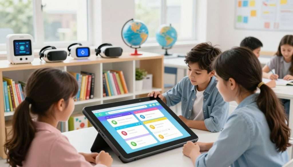 A bright and engaging workspace filled with interactive learning tools. In the foreground, a diverse group of three students—two female and one male—are collaboratively engaging with a large digital tablet displaying vibrant educational apps and interactive quizzes. The middle ground features bookshelves with colorful textbooks and innovative gadgets like VR headsets and interactive globes, suggesting a tech-friendly environment. The background is a modern classroom with large windows letting in natural light, creating a cheerful atmosphere. Use a wide-angle lens to capture the lively interaction and focus, ensuring a soft bokeh effect on the background. The overall mood is vibrant, dynamic, and inspiring, reflecting the joy of learning through innovative methods.