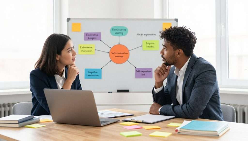 A bright, modern workspace at an angle showcasing a wooden desk scattered with colorful notes, books, and a laptop in the foreground. Two diverse professionals, a woman in smart casual attire and a man in business wear, are engaged in deep discussion, their expressions animated and thoughtful, as they explore the concepts of elaborative interrogation and self-explanation. In the middle, a large, detailed mind map on a whiteboard illustrates cognitive learning methods, with colorful connections between ideas. The background features a bright window letting in natural light, enhancing a collaborative learning atmosphere. Soft shadows create depth, conveying an inspiring and productive mood. Use a realistic style, focusing on vivid colors and clarity. A bright, modern workspace at an angle showcasing a wooden desk scattered with colorful notes, books, and a laptop in the foreground. Two diverse professionals, a woman in smart casual attire and a man in business wear, are engaged in deep discussion, their expressions animated and thoughtful, as they explore the concepts of elaborative interrogation and self-explanation. In the middle, a large, detailed mind map on a whiteboard illustrates cognitive learning methods, with colorful connections between ideas. The background features a bright window letting in natural light, enhancing a collaborative learning atmosphere. Soft shadows create depth, conveying an inspiring and productive mood. Use a realistic style, focusing on vivid colors and clarity.