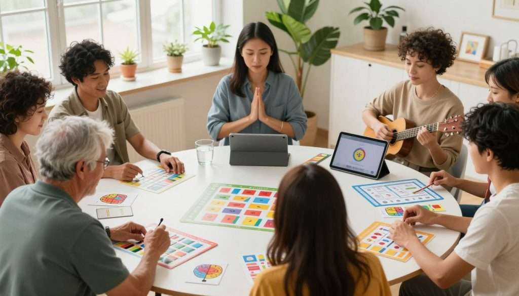 A bright, vibrant workspace filled with stimulating materials for neuroplasticity exercises. In the foreground, a diverse group of adults engaged in various brain-boosting activities—an older man solving a puzzle, a middle-aged woman practicing mindfulness with a meditation app on her tablet, and a young woman learning a musical instrument. In the middle, a circular table is covered with colorful memory cards and brain-training games. The background features a large window letting in natural light, with green plants adding vitality to the atmosphere. Use a warm color palette emphasizing productivity and creativity. Capture the scene from a slightly elevated angle to showcase the interaction, with soft, focused lighting to enhance the intimate yet energizing mood of growth and learning. A bright, vibrant workspace filled with stimulating materials for neuroplasticity exercises. In the foreground, a diverse group of adults engaged in various brain-boosting activities—an older man solving a puzzle, a middle-aged woman practicing mindfulness with a meditation app on her tablet, and a young woman learning a musical instrument. In the middle, a circular table is covered with colorful memory cards and brain-training games. The background features a large window letting in natural light, with green plants adding vitality to the atmosphere. Use a warm color palette emphasizing productivity and creativity. Capture the scene from a slightly elevated angle to showcase the interaction, with soft, focused lighting to enhance the intimate yet energizing mood of growth and learning.