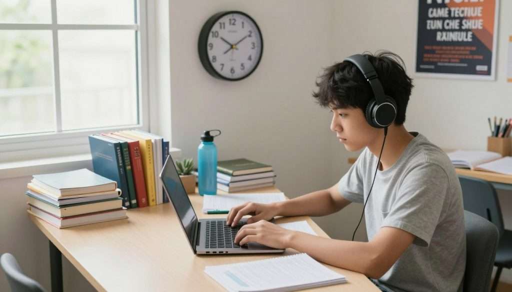 A bright, well-organized study room set for simulating exam conditions. In the foreground, a focused student in modest casual clothing sits at a neat desk with a laptop and organized study materials, wearing headphones to minimize distractions. The middle ground features a large wall clock showing exam time, alongside neatly arranged textbooks, notebooks, and a filled water bottle. In the background, a large window lets in soft natural light, illuminating a motivational poster on the wall. The atmosphere is calm and productive, with a warm color palette conveying a sense of confidence and concentration, captured with a slight overhead angle to emphasize the workspace and the student’s engagement with their study.