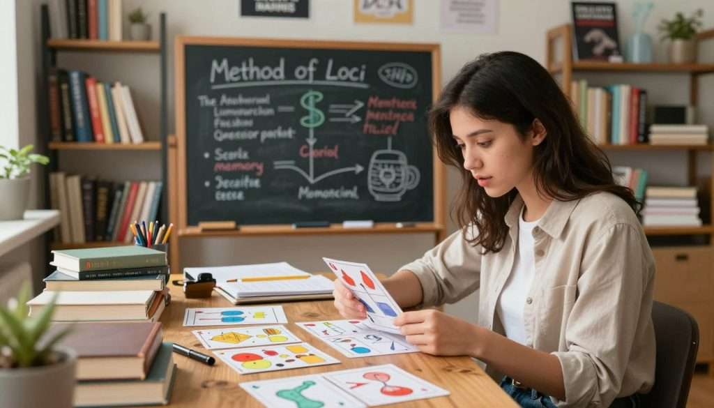 A cozy study room bathed in warm, natural light, featuring a wooden desk cluttered with books, notepads, and colorful diagrams on memory retention. In the foreground, a young woman in casual, professional attire is actively engaging with flashcards, her expression focused and curious. The middle layer showcases a chalkboard filled with visible memory techniques such as the "Method of Loci" and mnemonic devices, illustrated with vibrant colors. In the background, shelves lined with neatly organized books and motivational posters create an inspiring atmosphere. The image conveys a sense of productivity, encouragement, and exploration of learning, emphasizing the theme of active recall in a serene and scholarly environment. A cozy study room bathed in warm, natural light, featuring a wooden desk cluttered with books, notepads, and colorful diagrams on memory retention. In the foreground, a young woman in casual, professional attire is actively engaging with flashcards, her expression focused and curious. The middle layer showcases a chalkboard filled with visible memory techniques such as the "Method of Loci" and mnemonic devices, illustrated with vibrant colors. In the background, shelves lined with neatly organized books and motivational posters create an inspiring atmosphere. The image conveys a sense of productivity, encouragement, and exploration of learning, emphasizing the theme of active recall in a serene and scholarly environment.