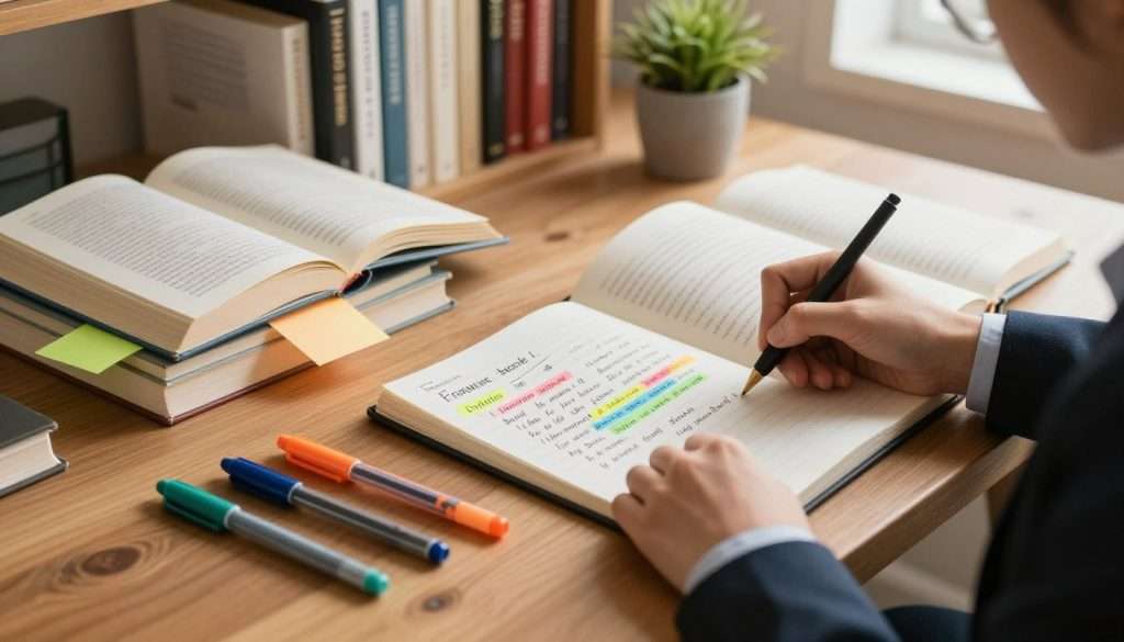 A cozy study setting with a wooden desk and a stack of open books, one of which is being annotated with colorful sticky notes. In the foreground, a person dressed in professional attire is taking notes on a notepad, demonstrating effective note-taking strategies. On the desk, various writing tools like colored pens and highlighters are visibly arranged. In the middle background, a bookshelf filled with neatly organized books and a small potted plant add an element of warmth. Soft, natural light filters through a nearby window, casting gentle shadows. The atmosphere evokes focus and productivity, emphasizing the theme of retention in reading strategies. The angle captures the scene from a slight overhead perspective, highlighting both the notes and the inviting workspace.