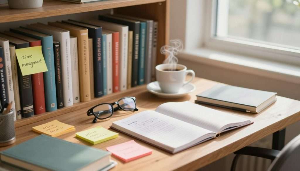 A cozy study space filled with useful study tips. In the foreground, a wooden desk cluttered with colorful sticky notes displaying key study strategies like "time management" and "active recall." A neatly organized bookshelf filled with textbooks and study materials is in the middle, while a pair of glasses and a cup of steaming coffee evoke a focused atmosphere. In the background, a large window lets natural light flood the room, casting soft shadows that create a warm and inviting mood. The scene is captured with a slight overhead angle to emphasize the desk, with a shallow depth of field to keep the focus on the study tools. The overall ambiance should inspire productivity and creativity in overcoming common study roadblocks. A cozy study space filled with useful study tips. In the foreground, a wooden desk cluttered with colorful sticky notes displaying key study strategies like "time management" and "active recall." A neatly organized bookshelf filled with textbooks and study materials is in the middle, while a pair of glasses and a cup of steaming coffee evoke a focused atmosphere. In the background, a large window lets natural light flood the room, casting soft shadows that create a warm and inviting mood. The scene is captured with a slight overhead angle to emphasize the desk, with a shallow depth of field to keep the focus on the study tools. The overall ambiance should inspire productivity and creativity in overcoming common study roadblocks.