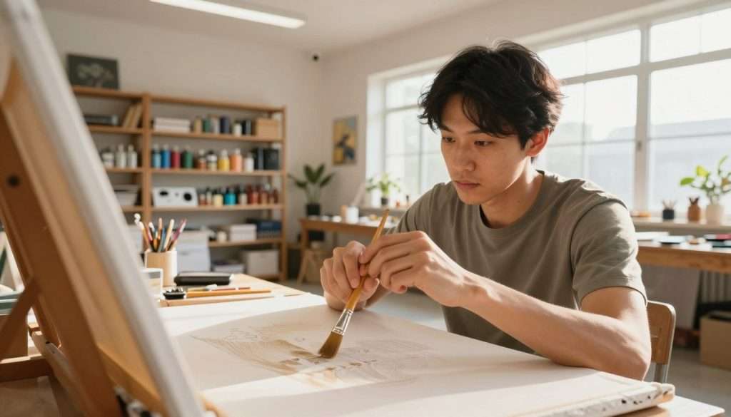 A determined individual practicing a skill in a well-lit, spacious room, focusing intently on a large canvas while painting. In the foreground, a close-up of their hands holding a paintbrush, showcasing detailed brushstrokes. The middle ground features shelves filled with art supplies and books about mastery and learning. In the background, large windows let in warm, natural sunlight, illuminating the scene and creating a productive atmosphere. The walls are adorned with inspirational quotes and artwork, symbolizing growth and consistency. Use a soft focus on the background to emphasize the subject's concentration. The overall mood is inspiring and energetic, capturing the essence of dedication and routine in skill acquisition.