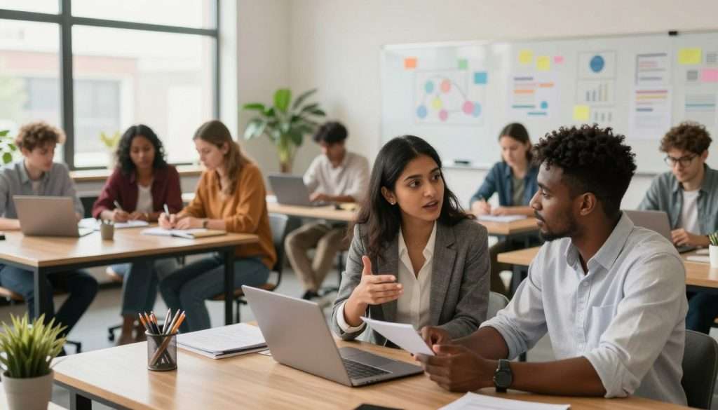 A diverse group of young professionals engaged in collaborative learning in a modern workspace. In the foreground, a South Asian woman in business attire is explaining a concept to a Black man in a smart casual outfit, both focused and animated. The middle ground features a few other colleagues, including a Hispanic woman taking notes and a Caucasian man using a laptop, all participating in the discussion. The background showcases a bright, well-lit open office with large windows, plants, and whiteboards filled with colorful diagrams. The atmosphere is dynamic and engaging, emphasizing teamwork and innovation. The lighting is warm and inviting, creating a sense of productivity and learning. A wide-angle perspective captures the energy of the setting, highlighting the student-centered learning approach.