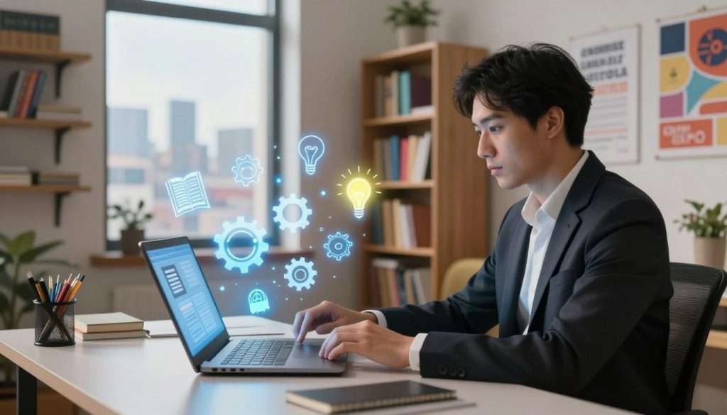 A dynamic learning scene depicting a professional individual, dressed in business attire, sitting at a sleek desk surrounded by floating, luminous educational icons such as books, gears, and light bulbs. In the foreground, there is a laptop open with interactive learning modules visible, radiating a soft blue glow. The middle ground features a cozy, well-lit study space with eclectic bookshelves filled with colorful books and motivational posters on the walls. In the background, an inviting window reveals a vibrant urban skyline under a clear sky, suggesting a world of endless possibilities. The atmosphere is energetic and inspiring, with warm, diffused lighting to create a sense of comfort and urgency in mastering skills quickly. The angle is slightly elevated, focusing on the engaged learner immersed in a personalized learning environment. A dynamic learning scene depicting a professional individual, dressed in business attire, sitting at a sleek desk surrounded by floating, luminous educational icons such as books, gears, and light bulbs. In the foreground, there is a laptop open with interactive learning modules visible, radiating a soft blue glow. The middle ground features a cozy, well-lit study space with eclectic bookshelves filled with colorful books and motivational posters on the walls. In the background, an inviting window reveals a vibrant urban skyline under a clear sky, suggesting a world of endless possibilities. The atmosphere is energetic and inspiring, with warm, diffused lighting to create a sense of comfort and urgency in mastering skills quickly. The angle is slightly elevated, focusing on the engaged learner immersed in a personalized learning environment.