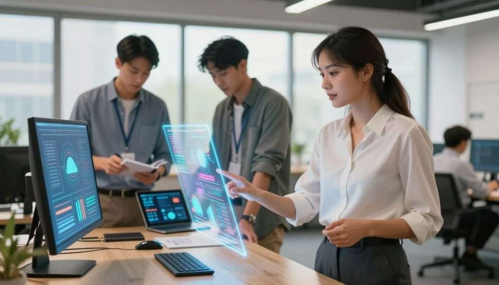 A dynamic scene capturing the essence of "quick learning abilities," featuring a diverse group of young professionals in a modern office environment. In the foreground, a focused woman in professional attire (smart blouse and trousers) interacts with a sleek, holographic touchscreen displaying vibrant visual data, symbolizing accelerated knowledge acquisition. In the middle ground, two men collaborate at a table, one reviewing notes while the other engages with a digital tablet showcasing infographics. The background features large windows allowing natural light to flood the space, creating a warm, inviting atmosphere. Soft shadows emphasize the sense of movement and energy in the room, fostering an environment of innovation and cognitive stimulation. The overall mood is one of motivation and synergy, illustrating the foundational principles of fast learning.