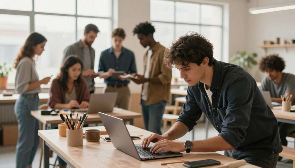 A dynamic scene depicting an individual engaged in practical skill development, showcasing mastery in their field. In the foreground, a focused professional—dressed in smart casual attire—practices with tools or implements relevant to their trade, such as a laptop for coding, pottery tools, or woodworking equipment. In the middle ground, a diverse group of individuals collaborates in a workshop setting, sharing knowledge and techniques. The background features large windows that allow warm, natural light to flood the space, enhancing the atmosphere of creativity and learning. The scene conveys a sense of determination and growth, illustrating the journey from novice to expert through hands-on experience. Aim for a slightly elevated angle to capture the depth of engagement and a motivating mood throughout the image.