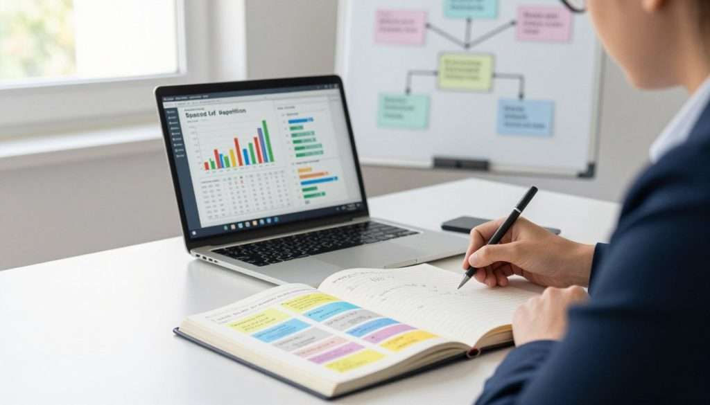 A dynamic workspace illustrating the concept of spaced repetition, featuring a person in professional business attire sitting at a desk. In the foreground, show an open notebook filled with neatly organized notes and colorful flashcards, symbolizing learning progress. The middle shot includes a laptop screen displaying data charts and graphs that track learning effectiveness over time, highlighting metrics and adjustments. In the background, a whiteboard filled with connected diagrams and strategies reflects an organized approach to study plans. Soft, natural lighting streams through a window, creating a focused and productive atmosphere. The image conveys a sense of determination and clarity, inspiring viewers to engage with the process of measuring progress and adapting their learning strategies.