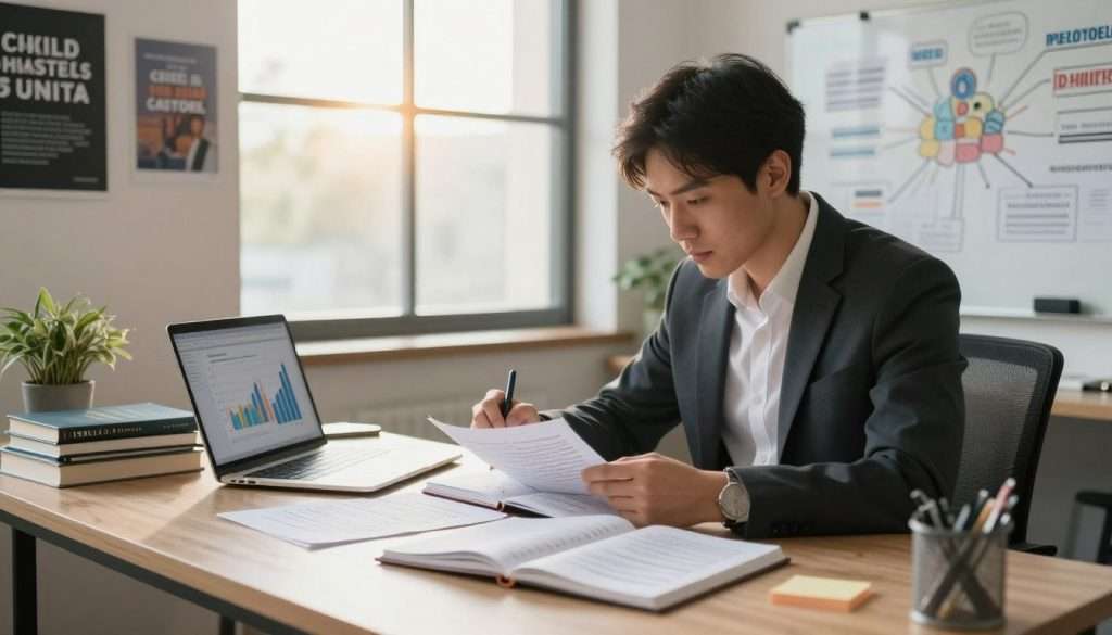 A focused individual, dressed in professional business attire, is seated at a well-organized desk in a modern office environment. In the foreground, various learning tools are arranged, including notebooks filled with notes, a laptop displaying graphs of progress, and a stack of books on skill mastery. In the middle background, a large window lets in warm, natural light, illuminating the workspace. The person is engaged in deliberate practice, intently studying a book while taking notes, with a look of concentration and determination. Surrounding the workspace are inspirational motivational posters and a whiteboard filled with mind maps and learning strategies. The mood is productive and inspiring, emphasizing the intensity of focused learning and the art of mastering new skills through deliberate practice. A focused individual, dressed in professional business attire, is seated at a well-organized desk in a modern office environment. In the foreground, various learning tools are arranged, including notebooks filled with notes, a laptop displaying graphs of progress, and a stack of books on skill mastery. In the middle background, a large window lets in warm, natural light, illuminating the workspace. The person is engaged in deliberate practice, intently studying a book while taking notes, with a look of concentration and determination. Surrounding the workspace are inspirational motivational posters and a whiteboard filled with mind maps and learning strategies. The mood is productive and inspiring, emphasizing the intensity of focused learning and the art of mastering new skills through deliberate practice.