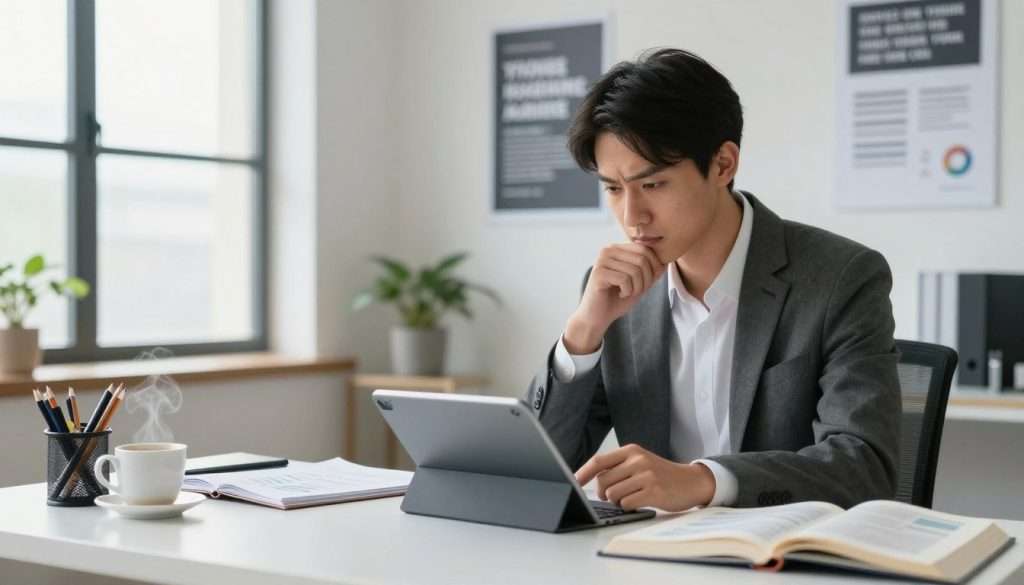 A focused individual, dressed in professional business attire, sits at a sleek modern desk surrounded by open books and research papers. The foreground features a thoughtful expression on their face as they analyze data on a digital tablet, exuding determination and clarity. In the middle ground, soft light filters in from a large window, illuminating a clean workspace filled with stationery and a steaming cup of coffee, suggesting an atmosphere of concentration and productivity. The background consists of a minimalist office with motivational posters hanging on the walls, emphasizing a commitment to academic success and effective decision-making. The overall mood is inspiring and focused, with bright yet calming colors that reflect a sense of purpose and clarity in thought.