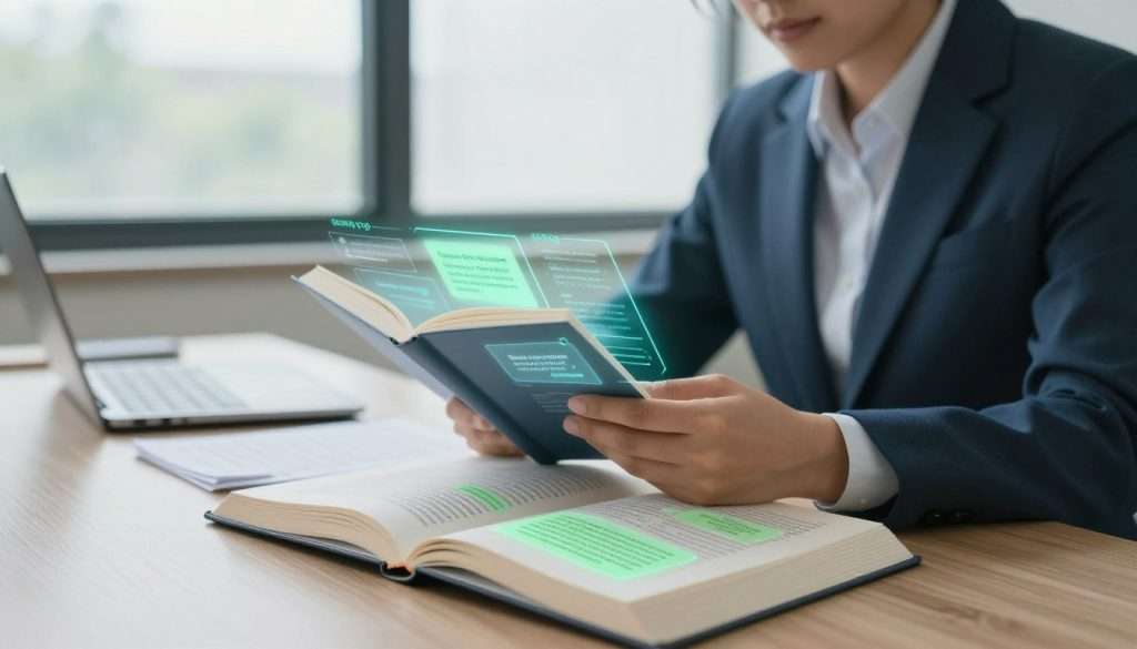 A focused individual in professional attire, seated at a modern workspace, intently reading a book with a futuristic digital overlay illustrating various skimming and scanning techniques. In the foreground, a close-up of highlighted sections of the book shows key phrases and visual cues, enhancing the theme of speed reading. The middle ground features a soft-lit desk with a laptop and notes, emphasizing organization and efficiency. In the background, large windows allow natural light to flood in, creating a bright, inviting atmosphere. The overall mood is inspirational and productive, with a cool color palette of blues and greens to inspire calm and focus. Use a shallow depth of field to give an intimate feel while keeping the focus sharp on the reader and the book.