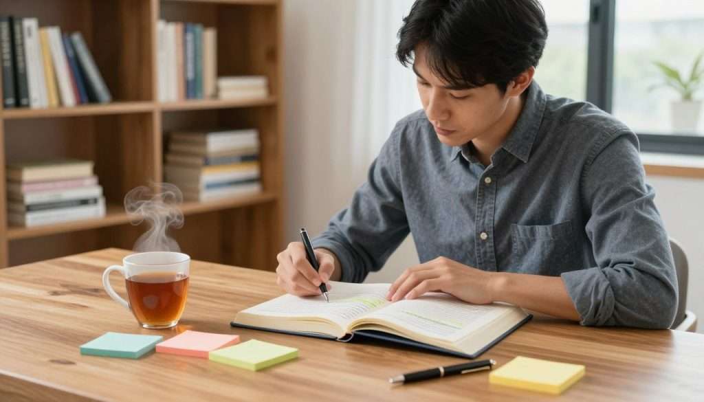 A focused individual sitting at a modern wooden desk in a bright, inviting study. They are diligently reciting key information from an open notebook, filled with neatly organized notes and highlighted sections. The foreground features a steaming mug of tea, a few colorful sticky notes scattered around, and a sleek pen lying beside the notebook. The middle ground showcases a rich bookshelf filled with books on personal development and study techniques, with a soft, warm light illuminating the scene. In the background, a large window lets in natural daylight, creating a comfortable and inspiring atmosphere. The overall mood conveys concentration and determination, highlighting the importance of active learning and retention. The image should have a balanced composition, capturing the essence of focused study without distraction, and no people should be wearing anything other than professional or modest casual clothing. A focused individual sitting at a modern wooden desk in a bright, inviting study. They are diligently reciting key information from an open notebook, filled with neatly organized notes and highlighted sections. The foreground features a steaming mug of tea, a few colorful sticky notes scattered around, and a sleek pen lying beside the notebook. The middle ground showcases a rich bookshelf filled with books on personal development and study techniques, with a soft, warm light illuminating the scene. In the background, a large window lets in natural daylight, creating a comfortable and inspiring atmosphere. The overall mood conveys concentration and determination, highlighting the importance of active learning and retention. The image should have a balanced composition, capturing the essence of focused study without distraction, and no people should be wearing anything other than professional or modest casual clothing.