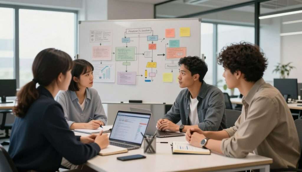 A focused, professional workspace illustrating iterative problem-solving strategies. In the foreground, a diverse group of three individuals in smart casual attire, deep in discussion around a modern table filled with notebooks, charts, and a laptop displaying data analytics. The middle ground features a large whiteboard filled with colorful diagrams and flowcharts, emphasizing brainstorming and strategy development. The background shows a sleek office environment with large windows allowing natural light to flood in, creating an inspiring atmosphere. Soft, warm lighting enhances the collaborative mood. The angle captures the intensity of their interaction and conveys a sense of innovation and teamwork, reflecting a dynamic problem-solving process.