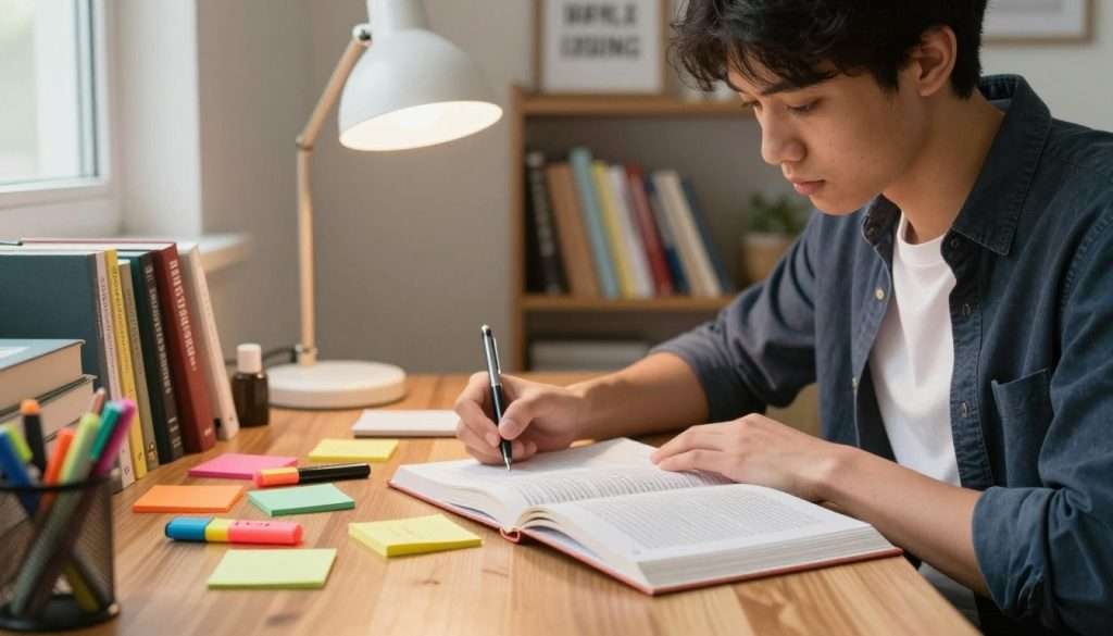 A focused student in a well-organized study space, seated at a sleek wooden desk with an open book filled with dense text, surrounded by colorful highlighters and sticky notes. The foreground showcases the student's determined expression, wearing smart casual attire, as they take notes with a pen. In the middle, a well-lit lamp casts a warm glow over the workspace, enhancing the vibrant colors of the notes. The background features shelves filled with academic books and a framed inspirational quote on the wall. Soft, diffused daylight filters through a nearby window, creating an inviting and motivating atmosphere, emphasizing the theme of optimizing reading comprehension for dense texts.