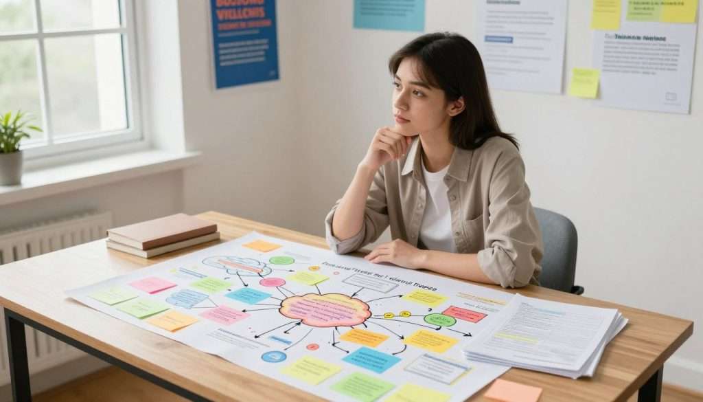 A focused student seated at a modern wooden desk, surrounded by colorful mind maps and organized notes on complex academic subjects. In the foreground, vibrant sticky notes and diagrams illustrate connections between concepts, showcasing techniques for breaking down information. The middle layer features the student, a young woman in a smart casual outfit, deeply engaged in thought, with a thoughtful expression. The background includes a bright window with natural light flowing in, illuminating motivational posters related to learning strategies. The overall atmosphere is energizing and inspiring, with a warm color palette. The composition is shot from a slightly angled top-down view to encompass both the student and the dynamic learning environment.