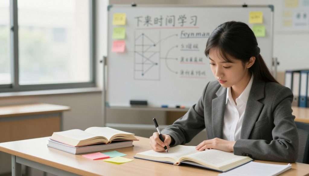 A focused student sits at a well-organized desk, surrounded by open books and colorful sticky notes, illustrating the process of "record time learning" through the Feynman Technique. In the foreground, a youthful woman in professional business attire intently writes in a notebook, showcasing deep concentration. The middle ground features a large whiteboard filled with diagrams and concepts, emphasizing the method's clarity. In the background, warm, natural light floods in through a large window, creating an inviting and inspiring atmosphere. A soft focus on the background blurs the outside world, enhancing the student’s immersion in her study routine. Use a slightly elevated angle to capture the overall scene, highlighting both the student’s engagement and the study tools at her disposal.