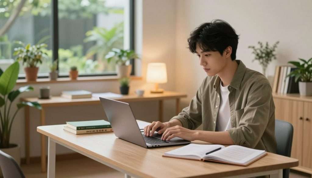 A focused study environment designed for mastering new skills quickly. In the foreground, a young adult in smart casual attire sits at a minimalist desk, deeply engaged with an open laptop and various learning materials like notebooks and books. The middle layer features a cozy, well-organized study space adorned with indoor plants and soft, ambient lighting, creating a warm, inviting atmosphere. In the background, a large window allows natural light to filter through, revealing a serene outdoor garden. The scene captures a sense of concentration and productivity, with soft shadows and warm hues enhancing the mood of focused learning. Use a slight depth of field to emphasize the subject's concentration while softly blurring the background.