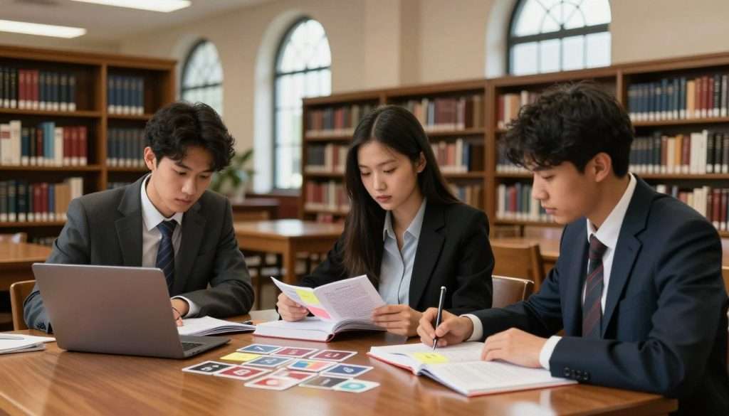 A focused study scene in a well-lit Harvard library, featuring a diverse group of three students in professional business attire, engaged in strategic revision for exams. In the foreground, one student is jotting notes on a laptop, while another reviews textbooks with colorful sticky notes. The third student is using flashcards spread out on a polished wooden table filled with study materials. In the middle ground, tall bookshelves filled with academic texts create an inviting atmosphere. The background shows large, arched windows allowing soft, natural light to filter in, casting gentle shadows and enhancing the serene study environment. The mood is studious and collaborative, embodying the essence of effective exam preparation at Harvard.